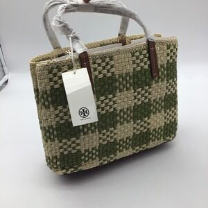 Tory Burch Blake Straw Small Tote Crossbody Bag Green Woven Checkered Bag NWT